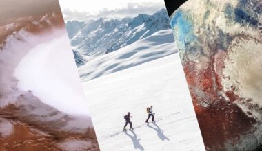 three panel image on the left is a white crater in the middle is two people skiing in snowy mountains and on the right is a close up of pluto with colored surface red, blue and white.