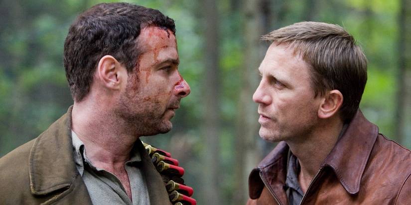 Daniel Craig and Liev Schieber in Defiance looking at each other