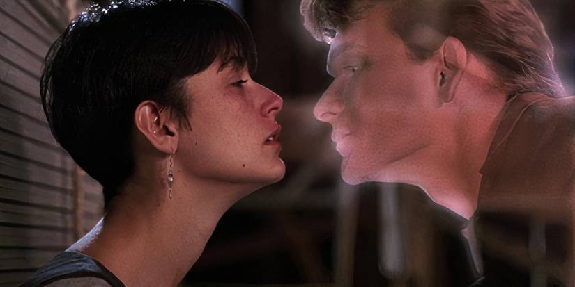 Demi Moore and Patrick Swayze about to kiss in Ghost