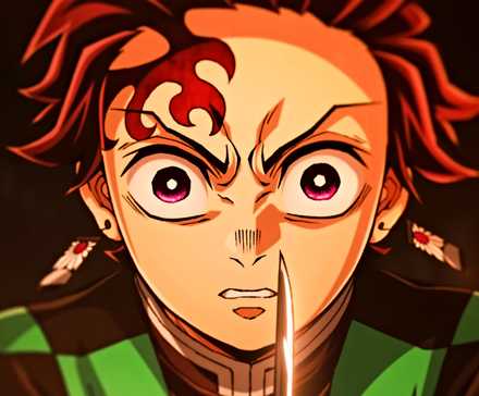 Tanjiro with a serious look on his face while holding his sword closely.