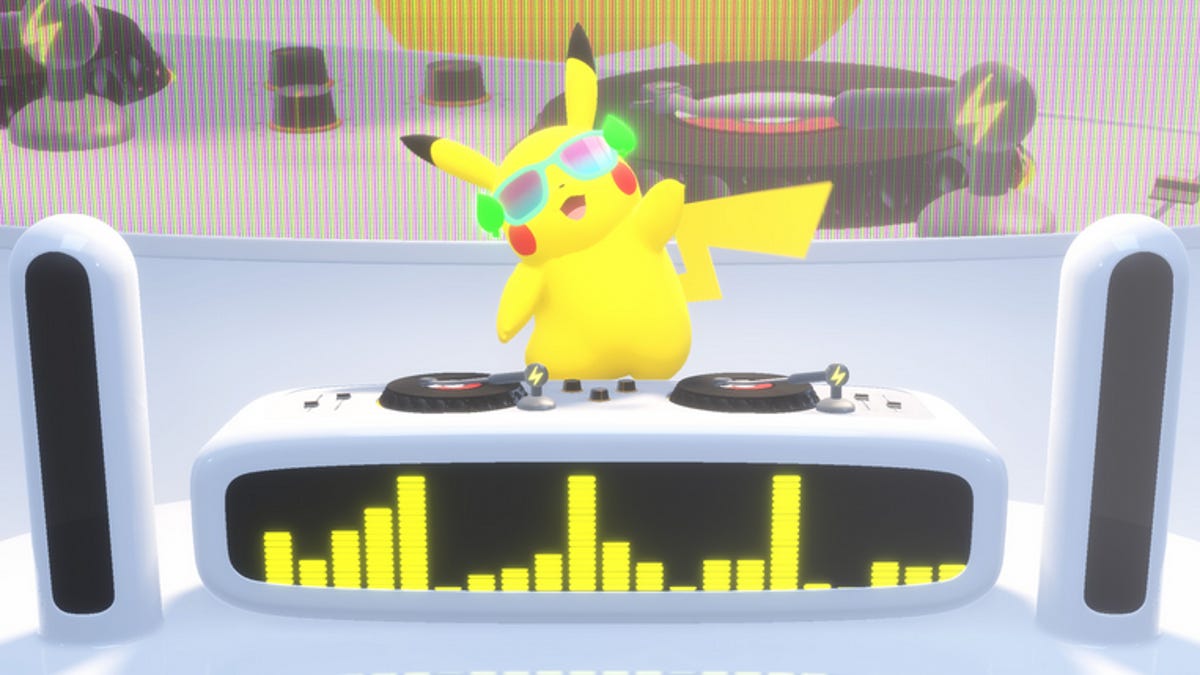 DJ Pikachu spinning records and dropping beats.