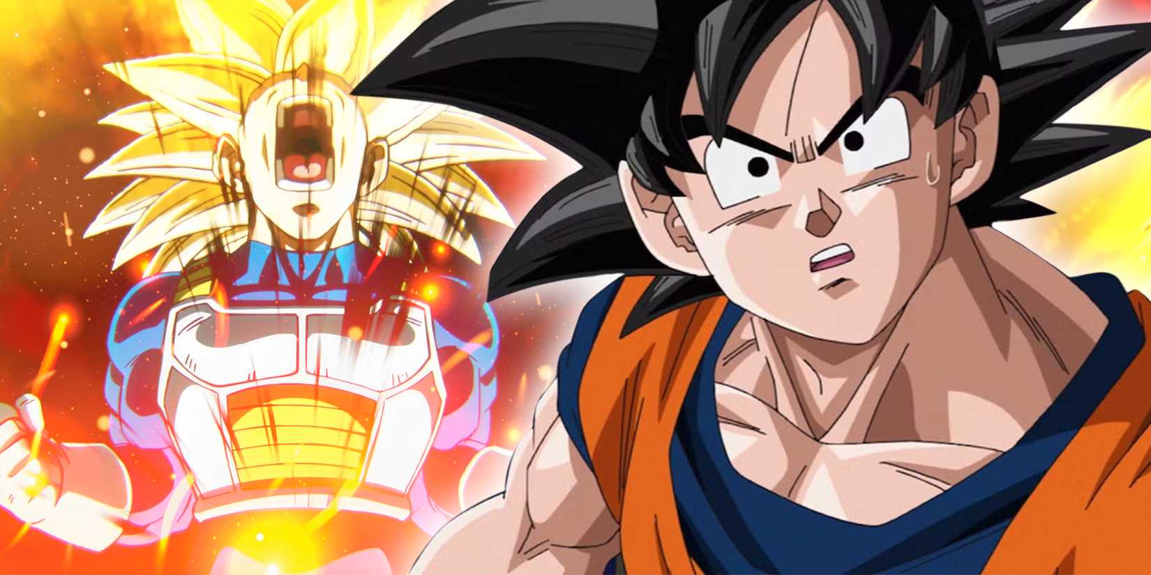 Dragon Ball Goku looking confused and Vegeta ssj3
