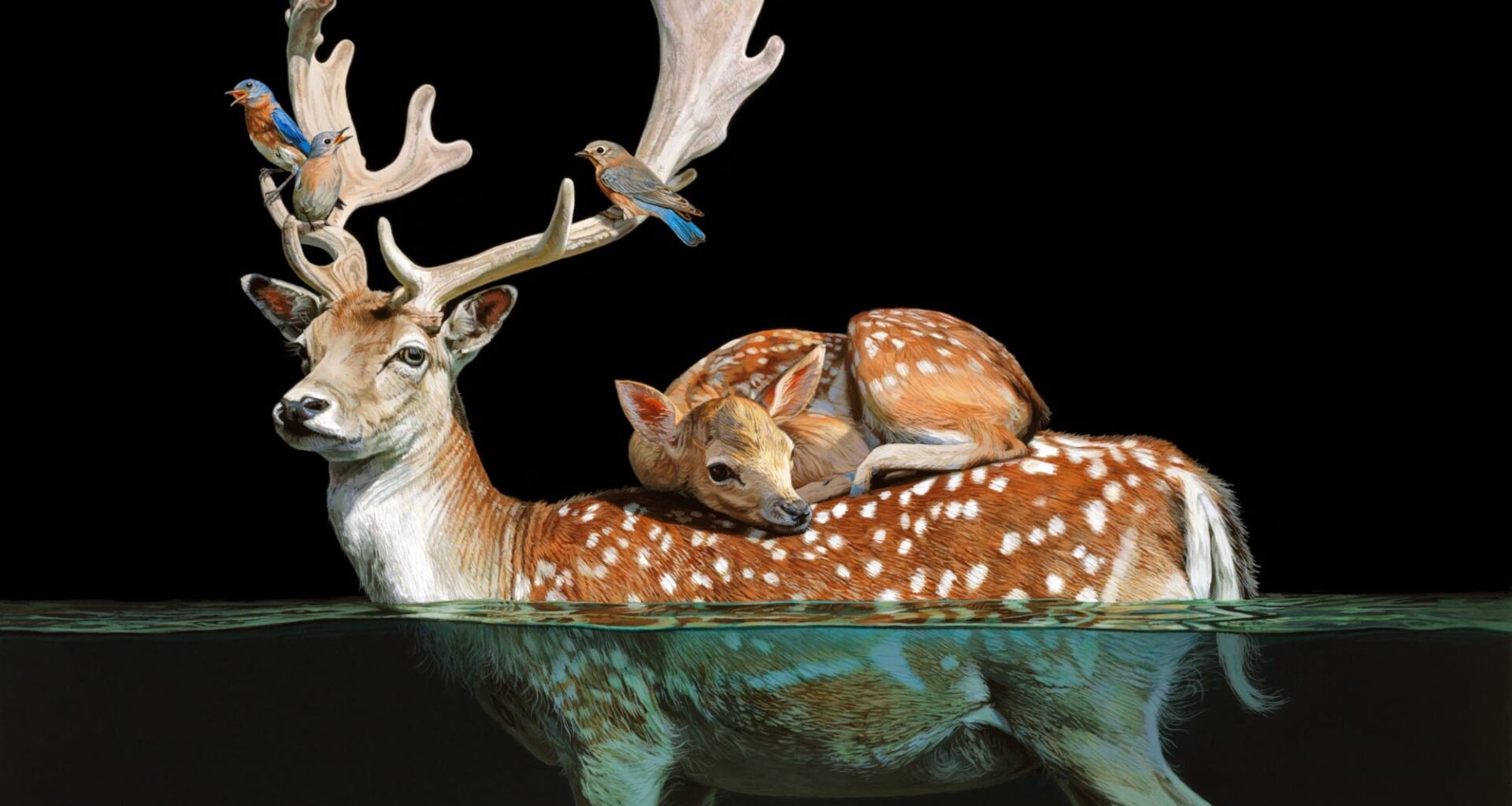 a painting of a deer half underwater with a small fawn curled up on its back by Lisa Ericson