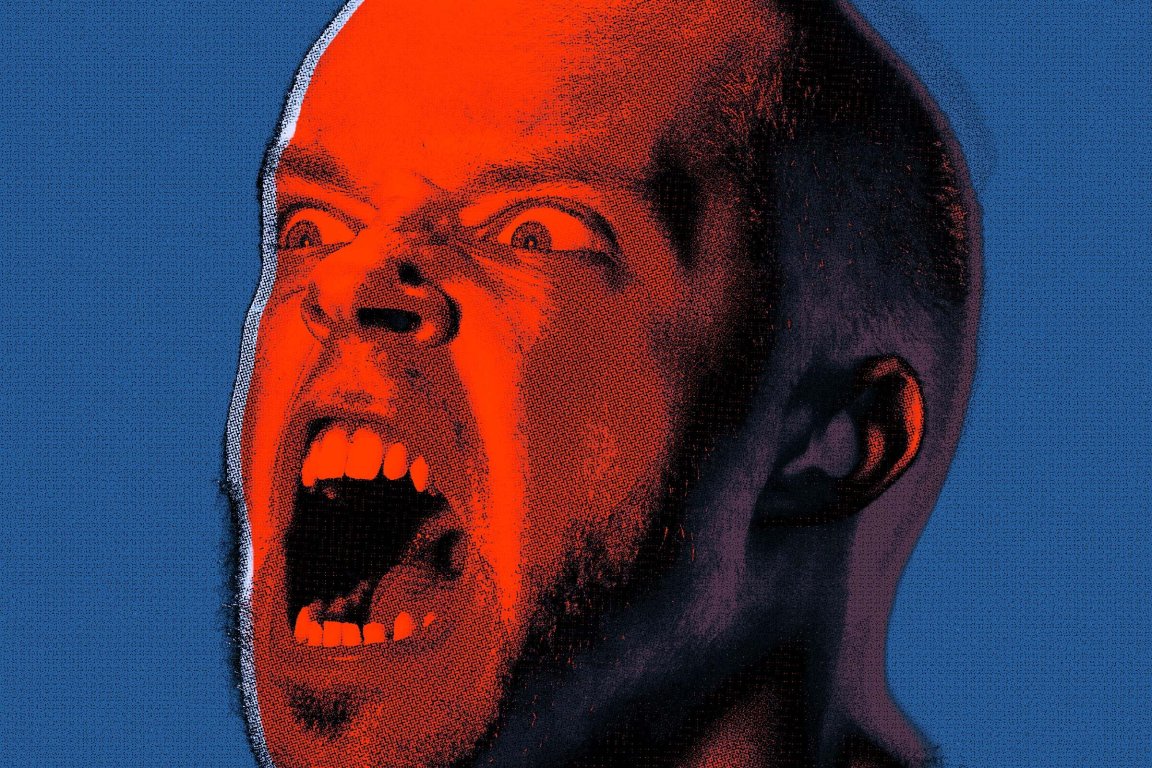 Close-up of a man's face with an intense, angry expression, mouth wide open as if shouting. The face is stylized with a red overlay and a textured, halftone pattern against a solid blue background.