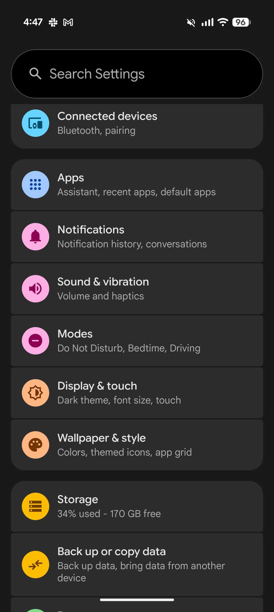 Android settings main page highlighting display and touch option