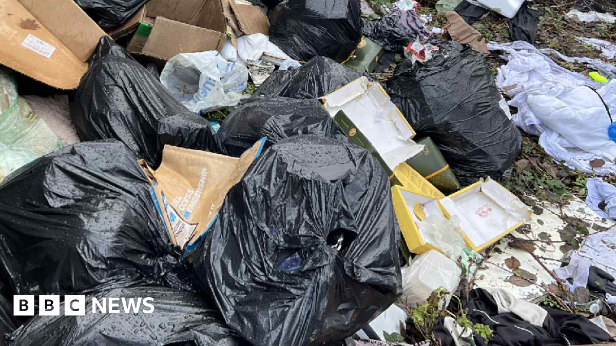 A close up image of severe fly-tipping. There are many black bags dumped, with some split open and the rubbish tipping out of them.