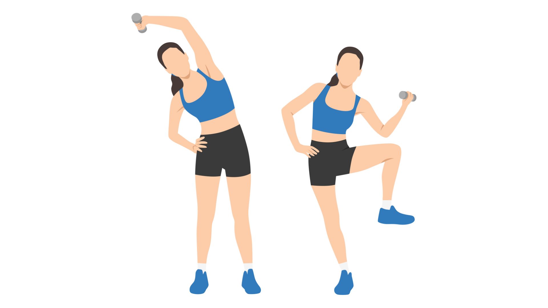 Illustration showing a woman doing standing oblique crunches in two positions: arm overhead and elbow-to-knee crunch.