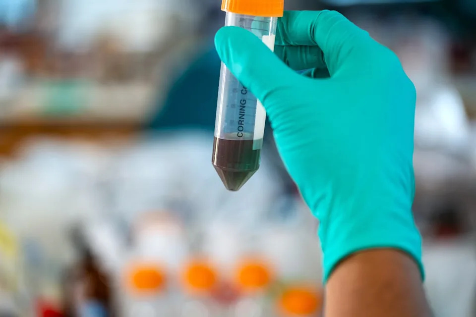 A gloved hand holding a tube containing reddish-green liquid.