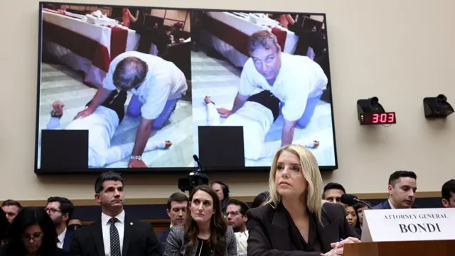 A photo of Andrew Mountbatten Windsor is displayed as U.S. Attorney General Pam Bondi testifies before the House Judiciary Committee in the Rayburn House Office Building on February 11, 2026 in Washington, DC. Bondi is expected to face questions on her department’s handling of the files related to the convicted sex offender Jeffrey Epstein, President Trump’s investigations into political foes and the handing of the two fatal ICE shootings of U.S. citizens. (Photo by Win McNamee/Getty Images)
