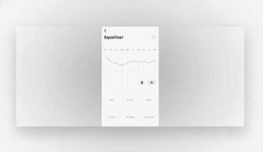 A professional, enhanced image of a mobile apps equalizer screen, set against a clean, light gray background with subtle patterns. The app interface is white with dark gray text and icons, displaying frequency controls and sound presets like JAZZ, VOCAL, and BASS.