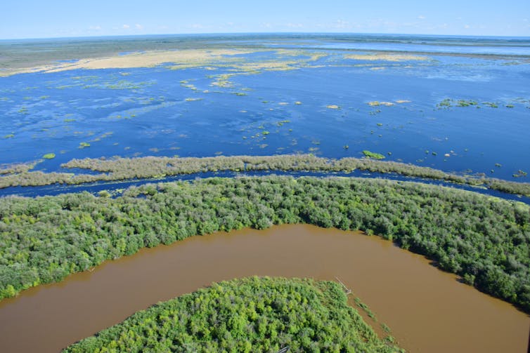Aerial image of a river and lake in the Delta.