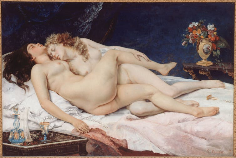 Painting of two nude women sleeping in an embrace