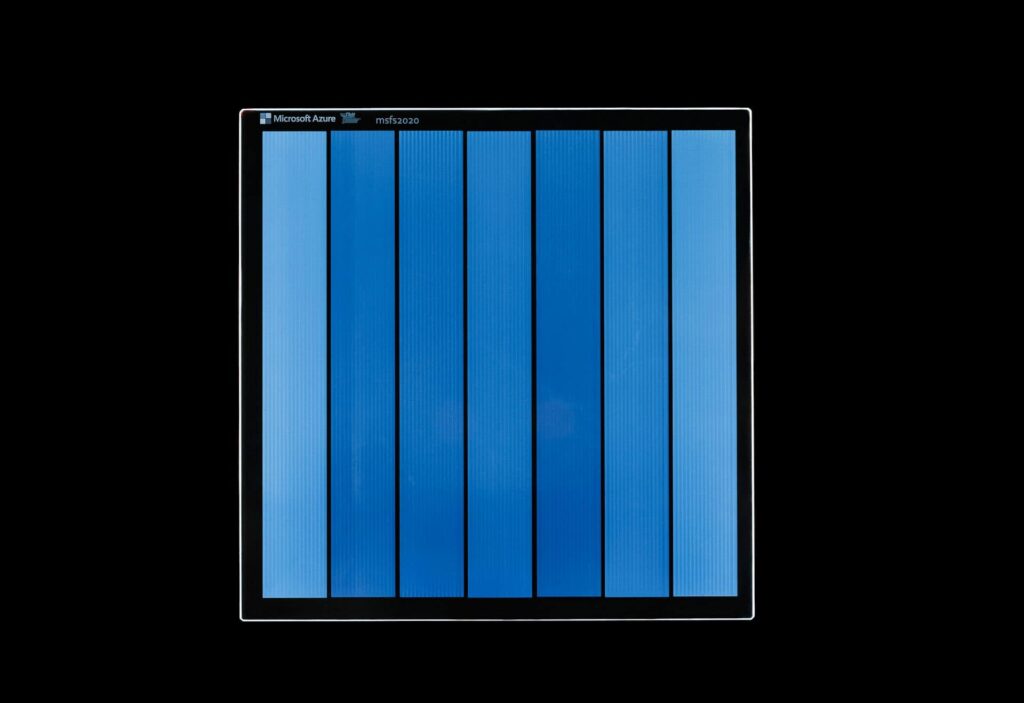 Efficiency solar panel with blue photovoltaic cells for renewable energy generation.