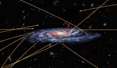 The positions and trajectories of 20 hypervelocity stars as reconstructed from data acquired by the Gaia satellite, overlaid on top of an artistic view of the Milky Way. Credit: ESA/Marchetti et al 2018/NASA/ESA/Hubble
