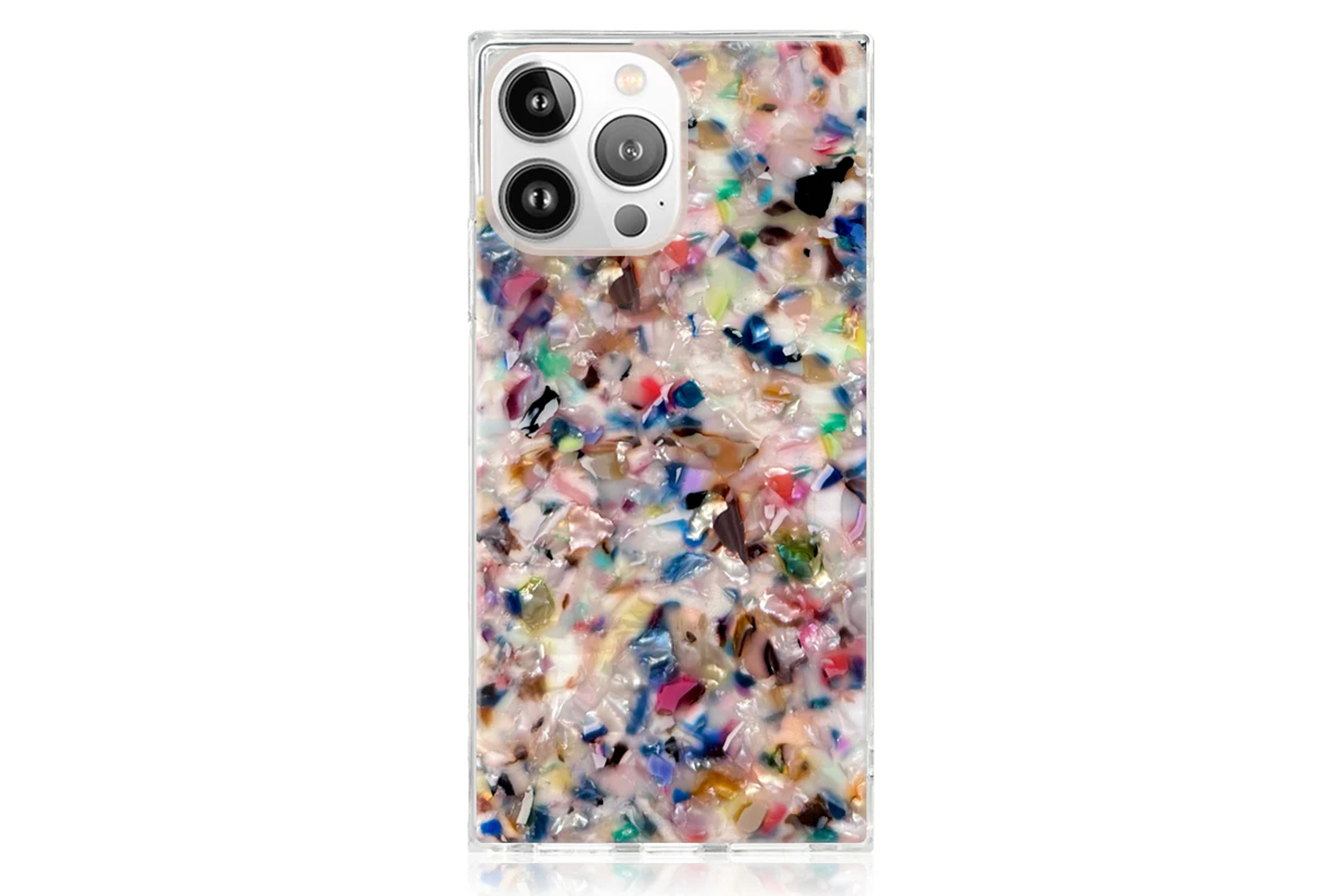 Clear phone case with colorful confetti-like flecks embedded in it.