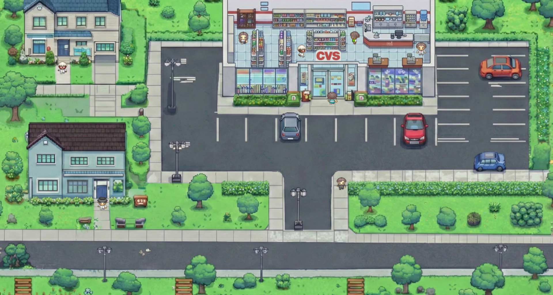 Cartoon-style illustration of a CVS neighborhood pharmacy with cars in the parking lot and nearby homes surrounding it