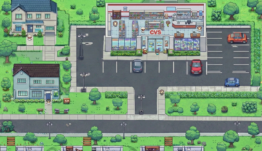 Cartoon-style illustration of a CVS neighborhood pharmacy with cars in the parking lot and nearby homes surrounding it