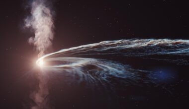 An illustration of a black hole shredding a star and releasing an energy jet.