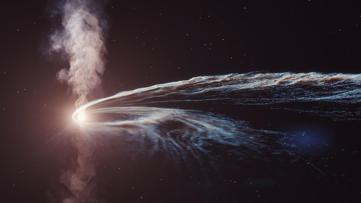 An illustration of a black hole shredding a star and releasing an energy jet.