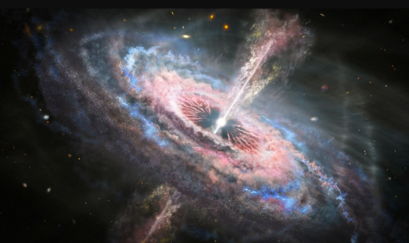 A giant swirling cloud of gas and dust in red and blue with a very bright center and jets.