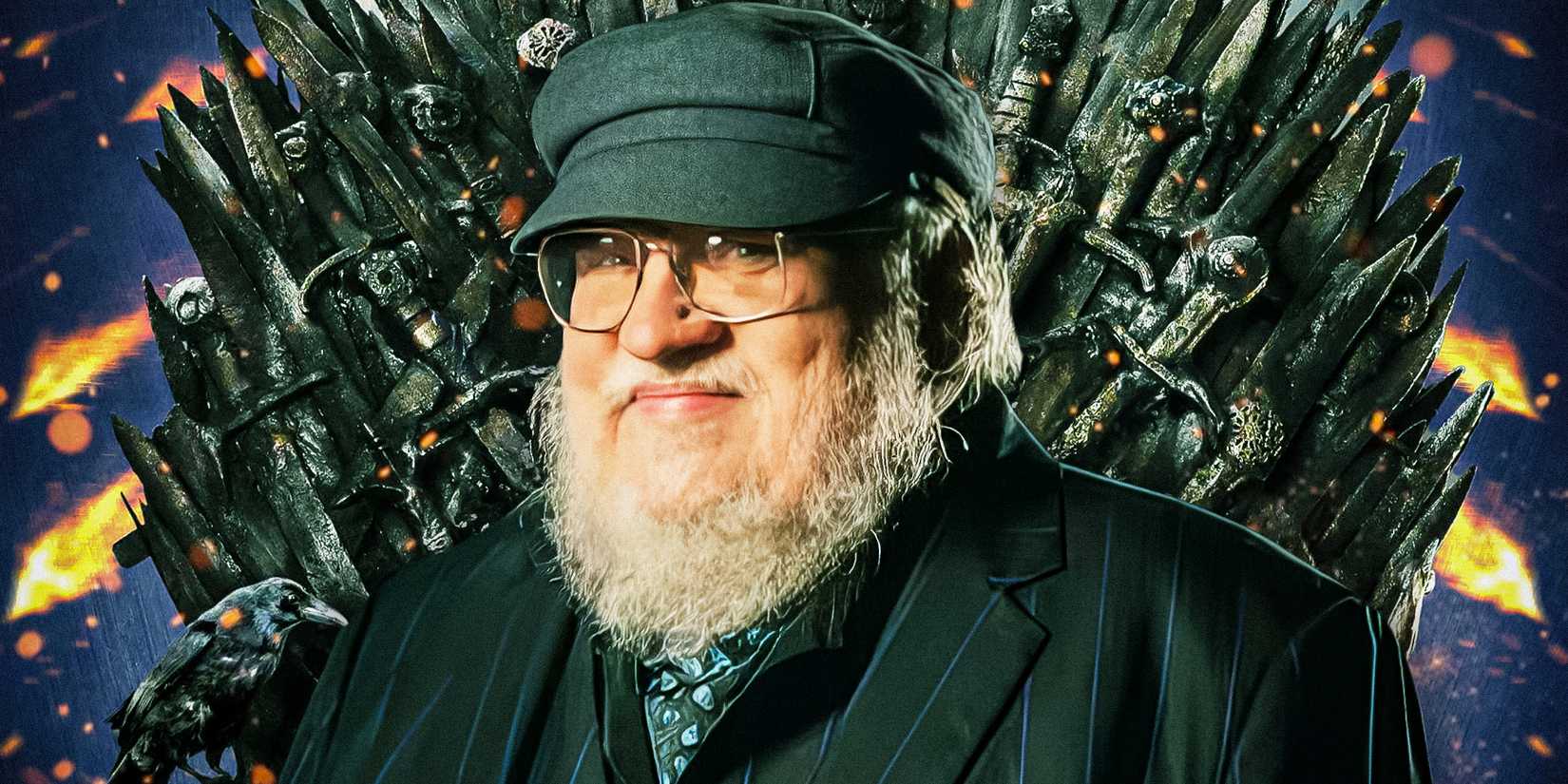 An image of George R.R. Martin in front of the Iron Throne in Game of Thrones