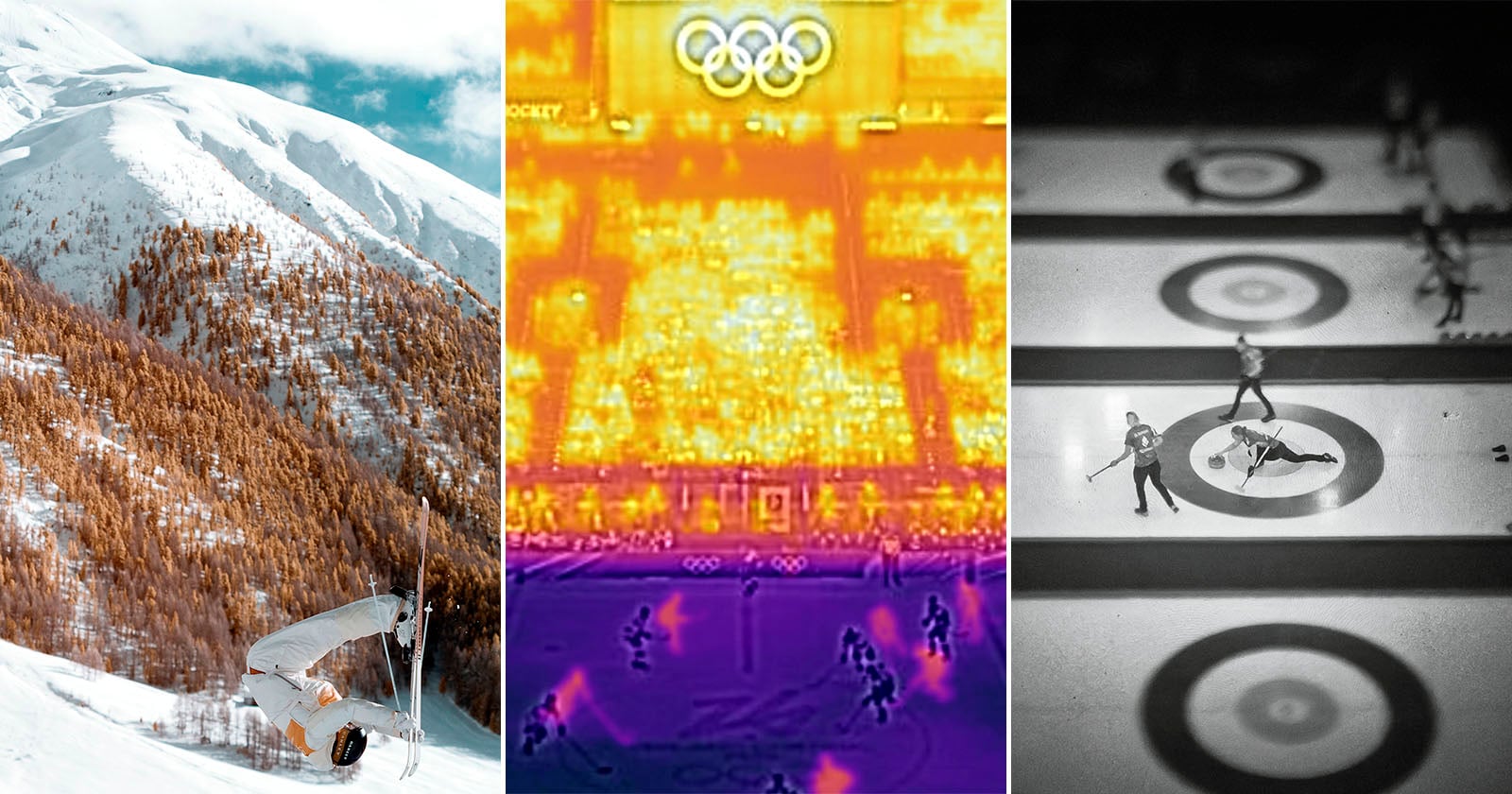 Three images side by side: a skier performing a flip on a snowy mountain, a thermal view of an Olympic hockey game, and an overhead view of people playing curling on an ice rink.
