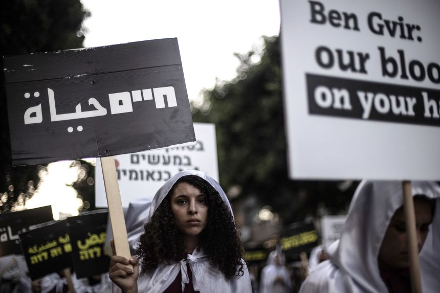 Palestinian citizens of Israel and Jewish Israelis stage a protest march against the government's indifference on the increase in crime rates in the Arab community at Habima Square in Tel Aviv, Israel.