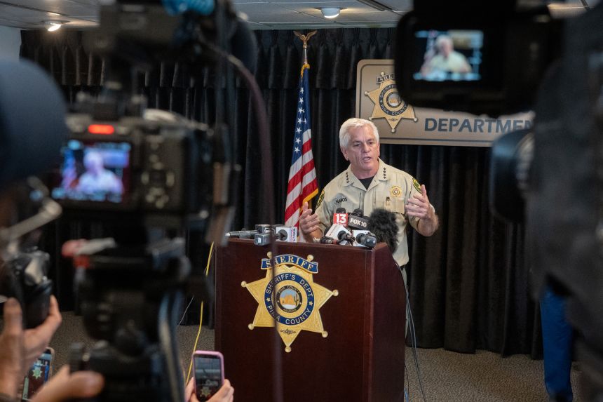 Pima County Sheriff Chris Nanos speaks to reporters Tuesday in Tucson about the search for Nancy Guthrie.