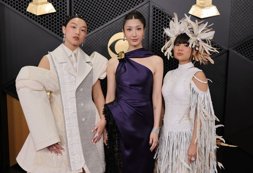 (L-R) Audrey Nuna, EJAE, and Rei Ami attend the 68th Grammy Awards in Los Angeles on February 1, 2026.