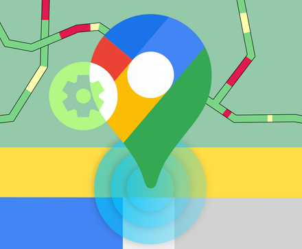 Google Maps pin on a map background displaying traffic congestion and a settings gear icon.