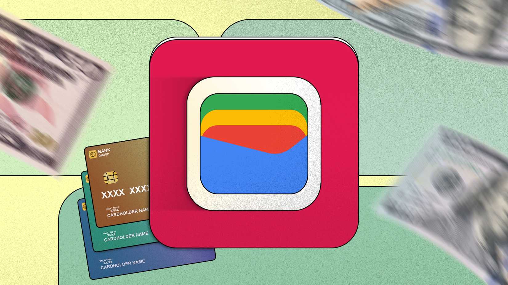 Google Wallet icon in the center, surrounded by flying dollar bills and stacked credit cards in the background