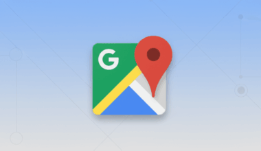 The Google Maps icon, featuring a green square with a white G and a stylized map, overlaid with a red location pin, set against a professional light blue background with subtle geometric patterns.