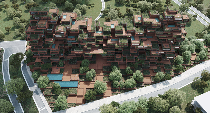 stacked earthen red volumes shape tectonic rhythm of residential tower in athens