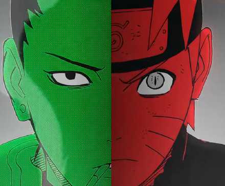 Half faces of Naruto and Shikamaru side by side
