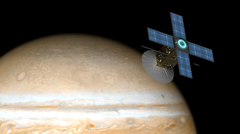 3D rendering of a NASA space probe orbiting Jupiter
