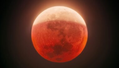 A close up of a bright orange blood moon in the night sky, the top half more yellow than orange