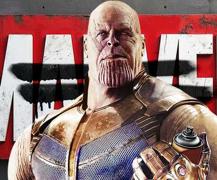 Blended image showing Thanos with a can of spray in front of the Marvel logo