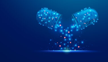 concept of bioengineering or healthcare technology, graphic of 3D pill combined with electronic pattern