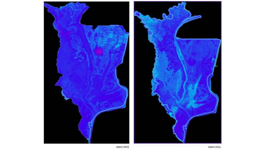 two side-by-side satellite images of a patch of land on earth, with blue areas showing wetlands. the image on the left has more dark blue than the one on the right