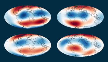 Two enormous blobs of solid, superheated material located at the base of Earth’s mantle affect the underlying liquid outer core. Image credit: Biggin et al., doi: 10.1038/s41561-025-01910-1.