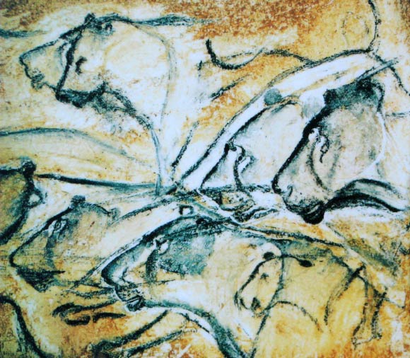 Cave lions painted in the Chauvet Cave, France.