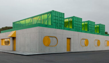 reworked shipping containers top colorful offices by impepinable studio