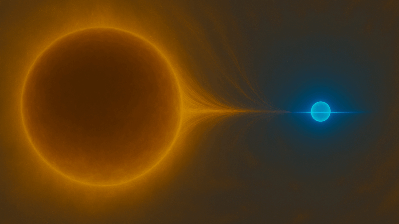 An Ai-generated image showing a small blue star stealing gas from a red supergiant star like WOH G64