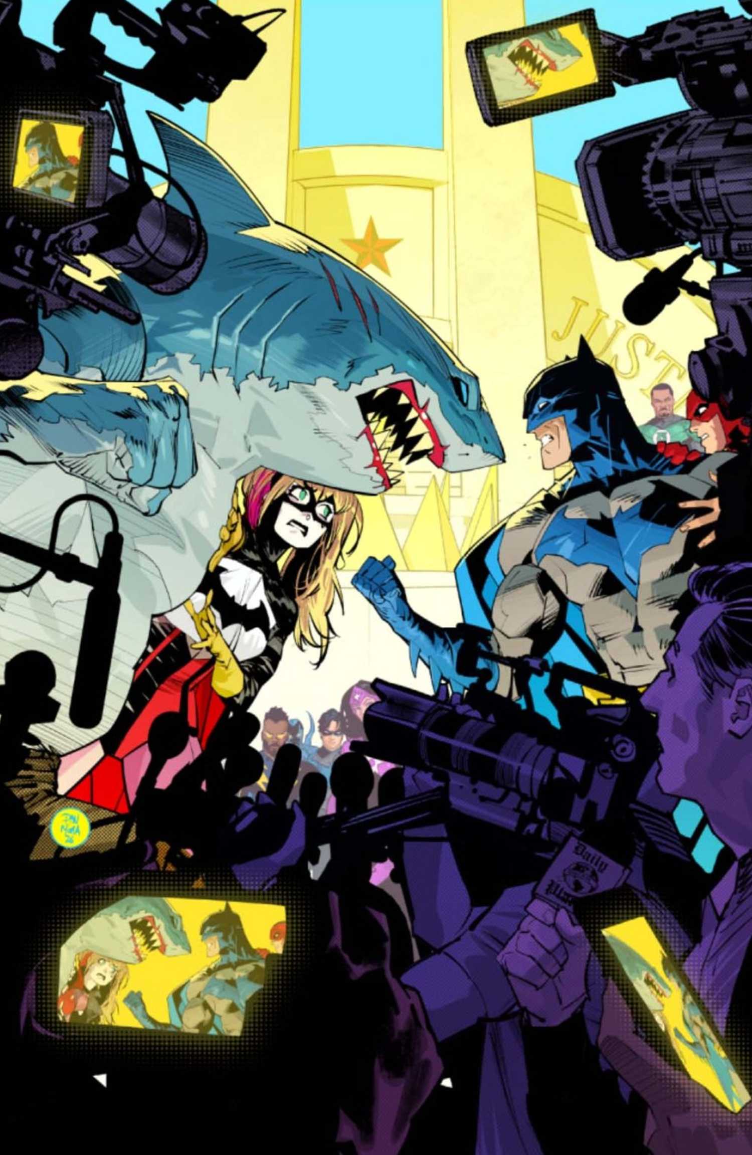 JUSTICE LEAGUE COVER SHOWING BATMAN ARGUING WITH HARLEY QUINN