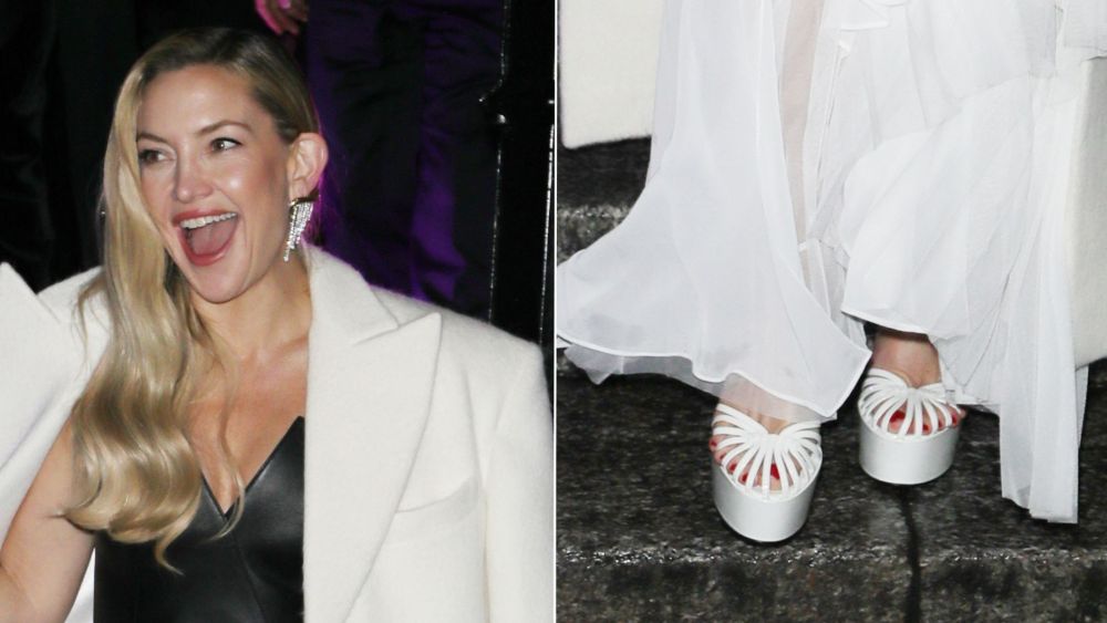 Kate Hudson wearing Alevi Milani Clio platform sandals in white at the 2026 EE BAFTA Nominees Party in London on Saturday night.