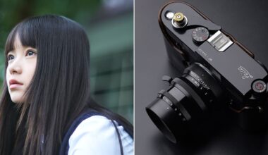 A split image: on the left, a young woman with long black hair gazes upwards outdoors; on the right, a close-up of a black Leica film camera on a dark surface.
