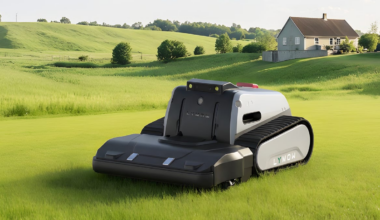 Lymow One Plus mulching grass on a lawn.