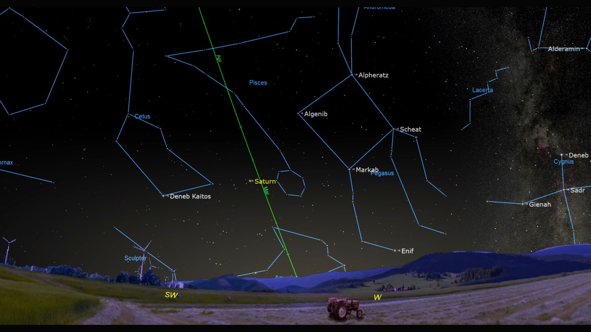 A constellation map of the night sky with lines for labeled constellations like Pisces in blue. A green line bisects the image diagonally from top left to mid-bottom left of the image. Near the center of the line is a labeled dot for Saturn