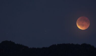 A orange glowing moon is seen against a dark blue night sky in the right side of the image with a silhouetted forested hillside below.