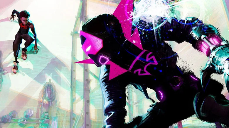 Miles Morales fighting The Prowler in Spider-Man: Beyond the Spider-Verse